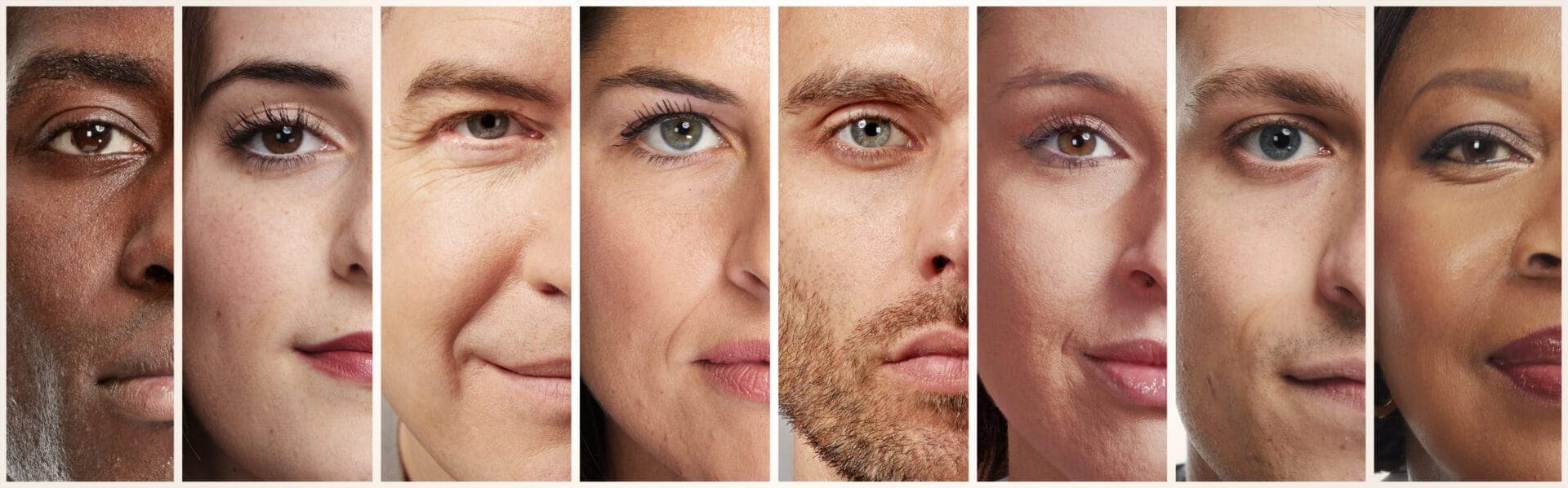 Eight split-face portraits showing men and women of varying ethnicities and eye colors, emphasizing the importance of participant diversity in eye tracking data accuracy.