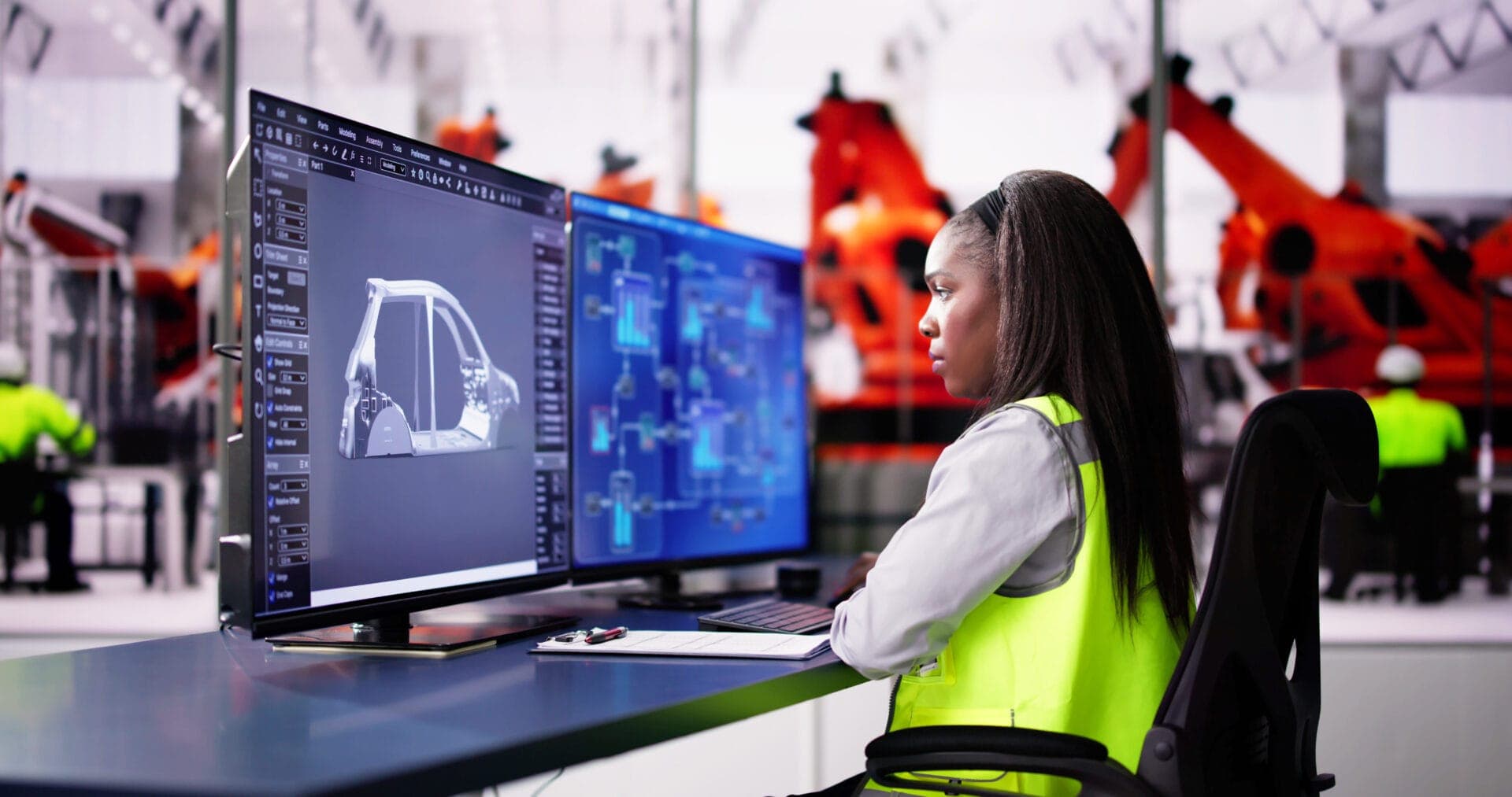 Industry Engineer Using Desktop PC Computer With CAD Software