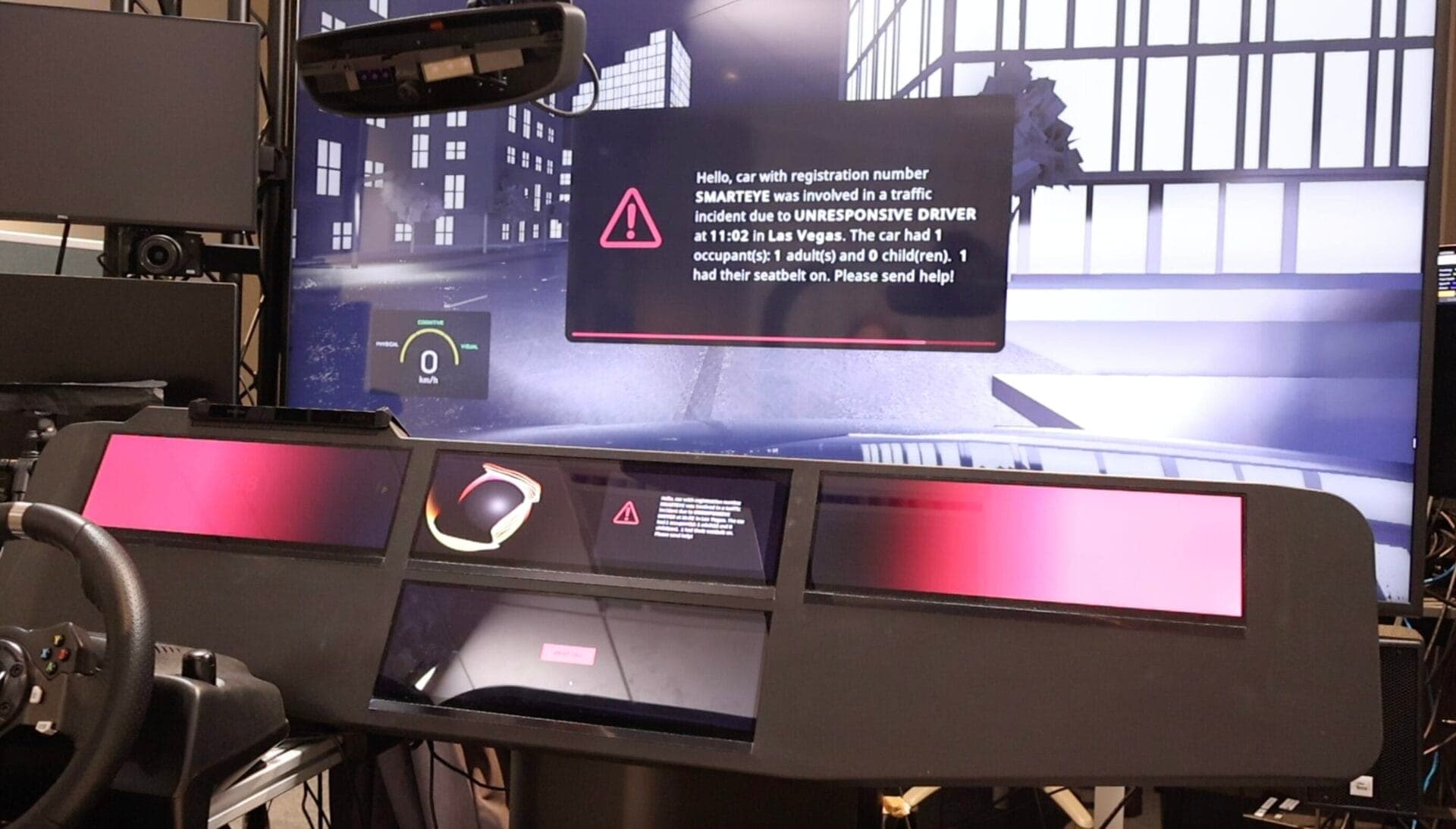 A simulated emergency alert triggered by an unresponsive driver, demonstrating how in-cabin sensing and driver monitoring systems detect and respond to critical situations.