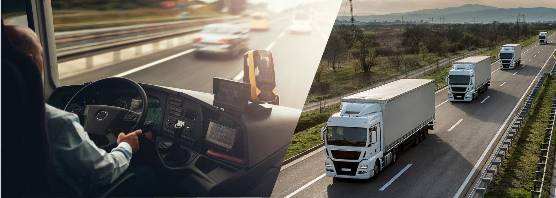 Concept image of a bus driver and a row of trucks on a road