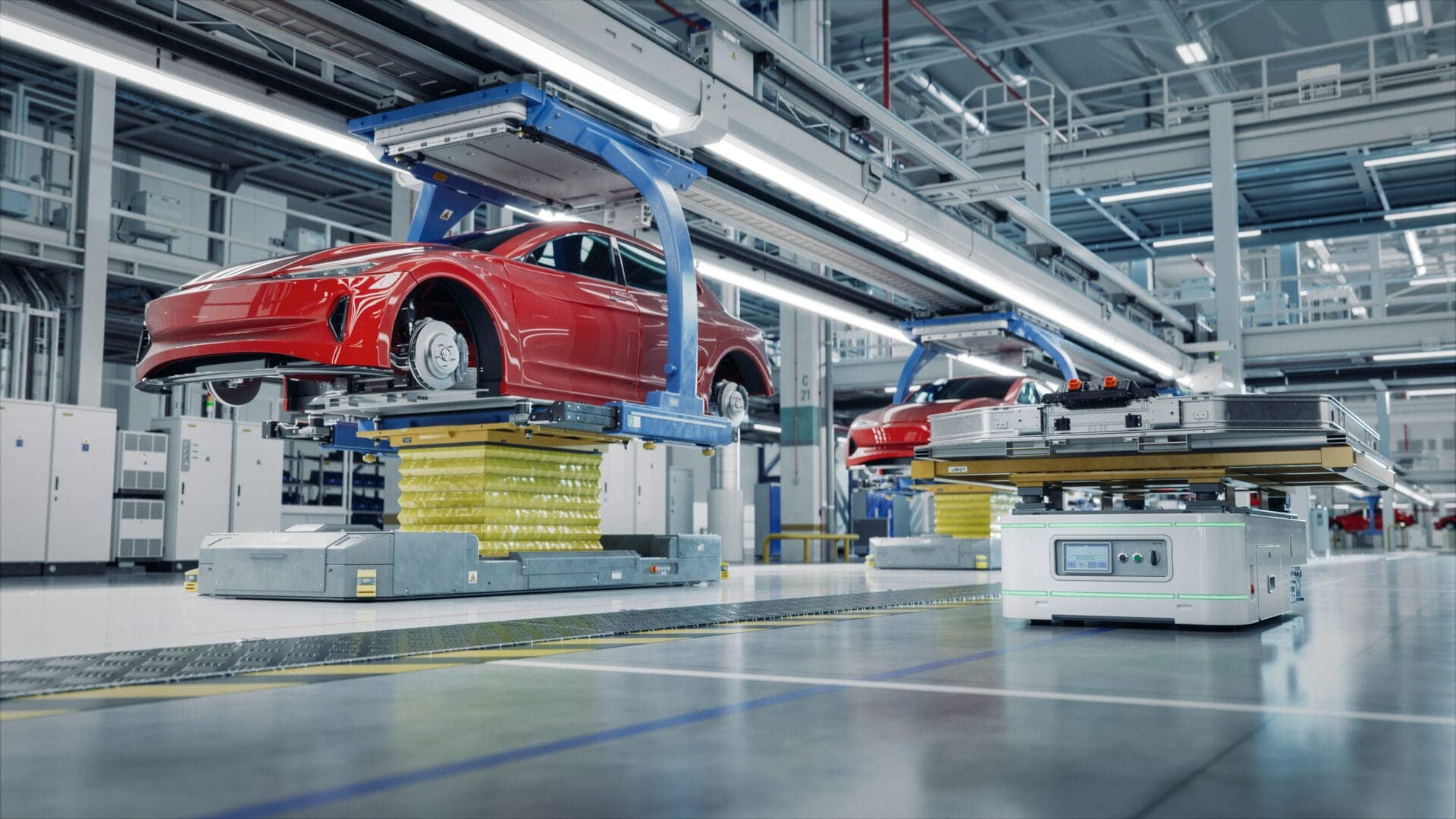 EV Production Line on Advanced Automated Smart Factory. High Performance Electric Car Manufacturing. Car Batteries Installation to Electric Vehicles on Assembly line. AGV Transport Batteries.