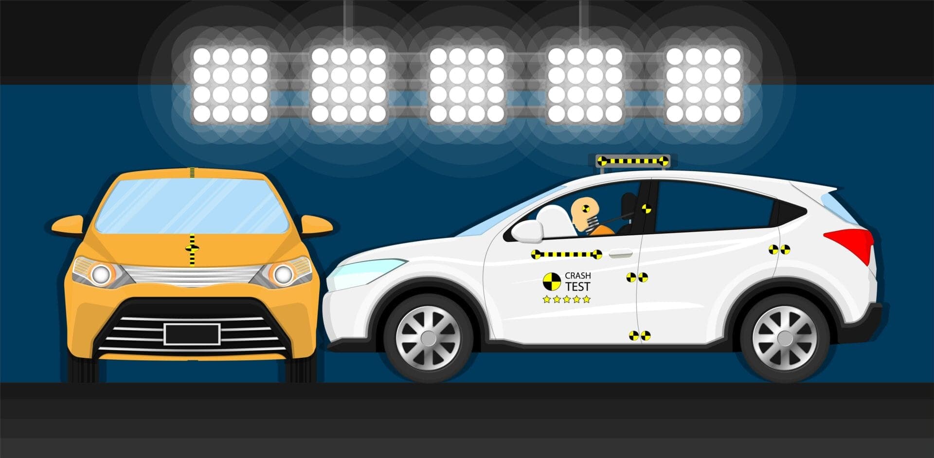 Crash test illustration with dummy inside a vehicle, used to assess safety features like driver monitoring, airbag deployment, and seatbelt systems under Euro NCAP 2026 standards