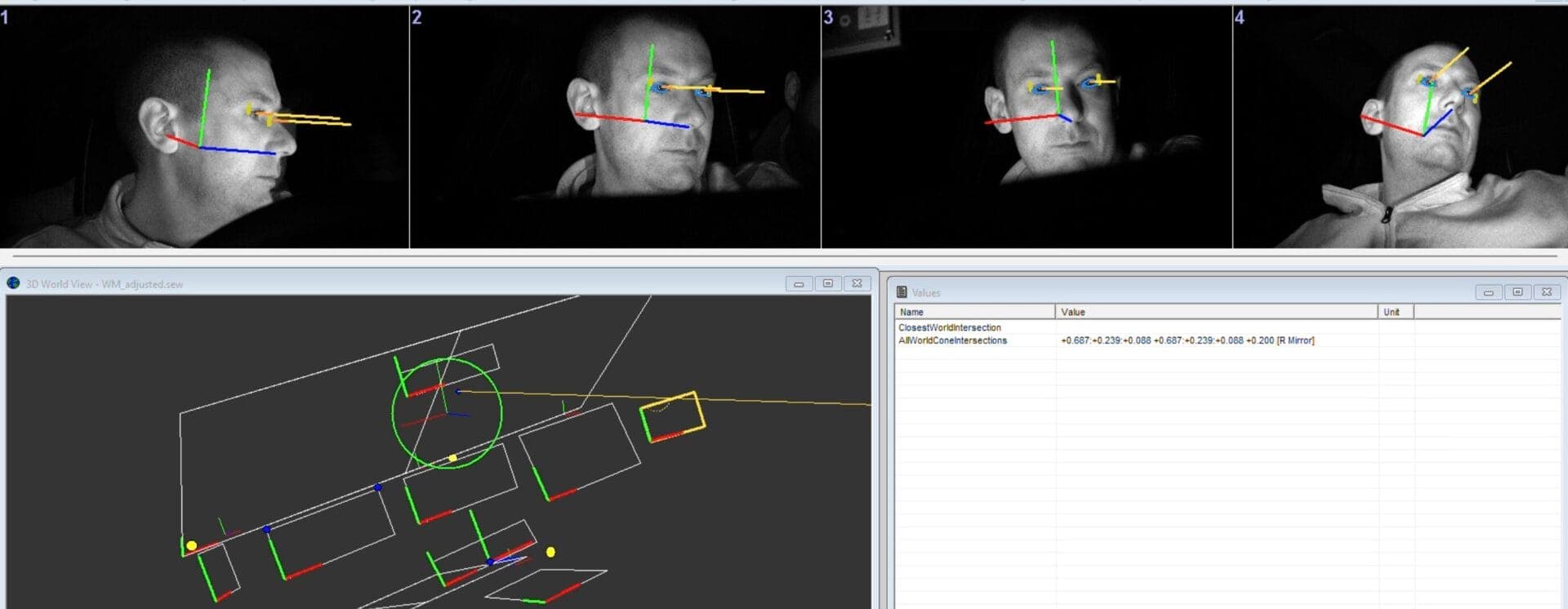 A screenshot illustrating the Smart Eye Pro 14's GazeConeIntersections Output feature