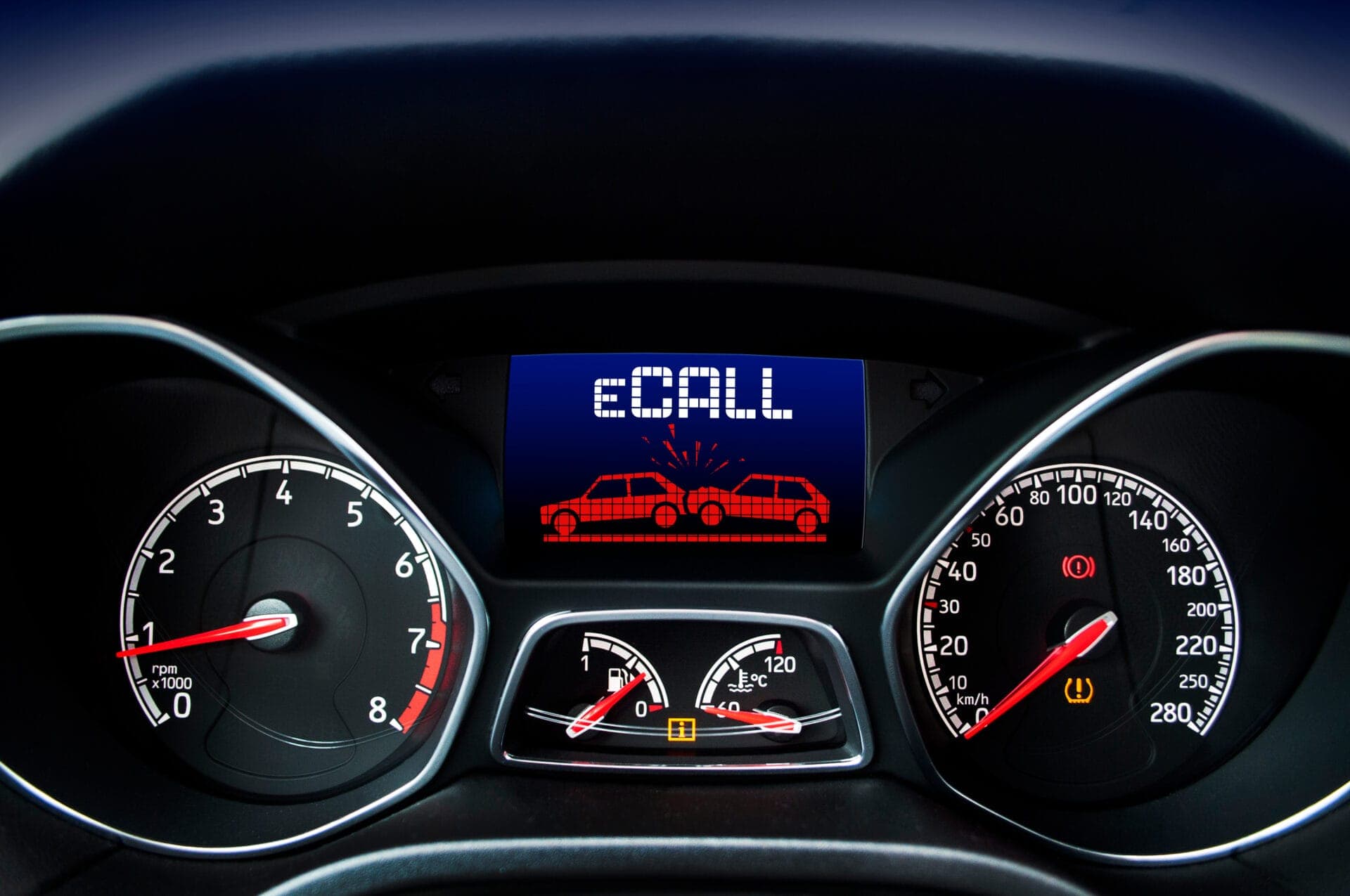 Close-up of a digital dashboard showing an active eCall crash notification, symbolizing next-gen vehicle systems designed to transmit smarter, more detailed emergency data.