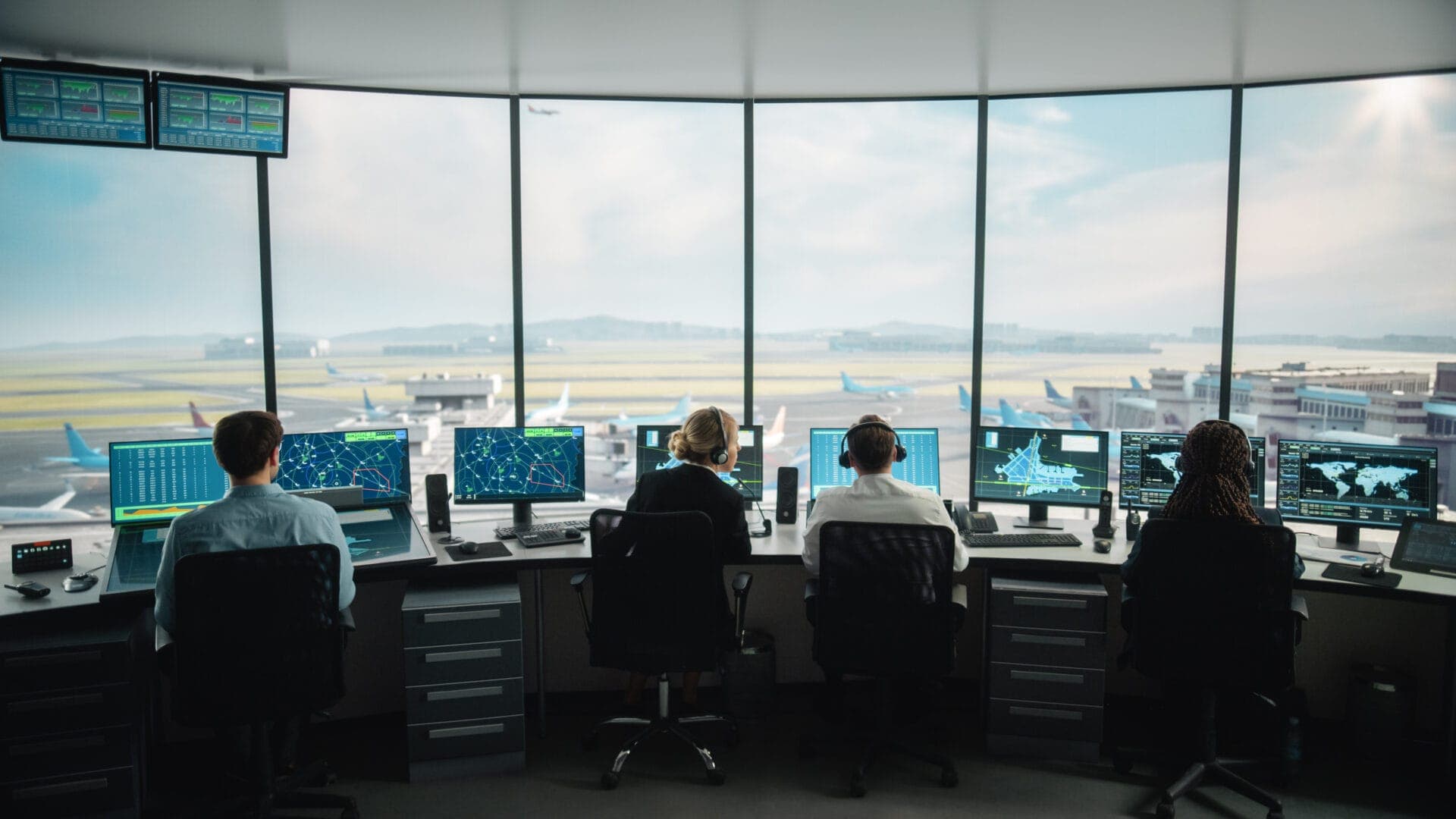 Air traffic controllers working in a modern tower with multiple screens and radar displays, a typical multi-screen setup for complex eye tracking research.