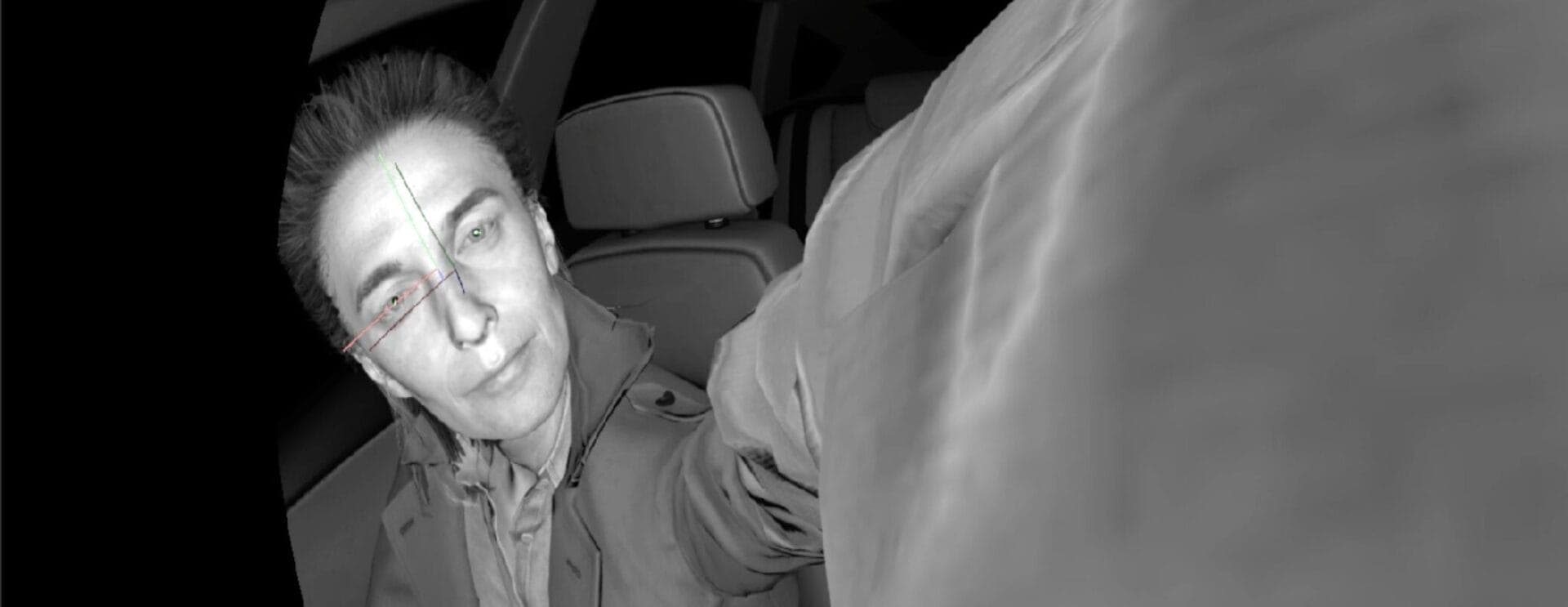 A screenshot from a synthetically generated video demonstrating Smart Eye's Dynamic Camera Pose Calibration (DCPC)